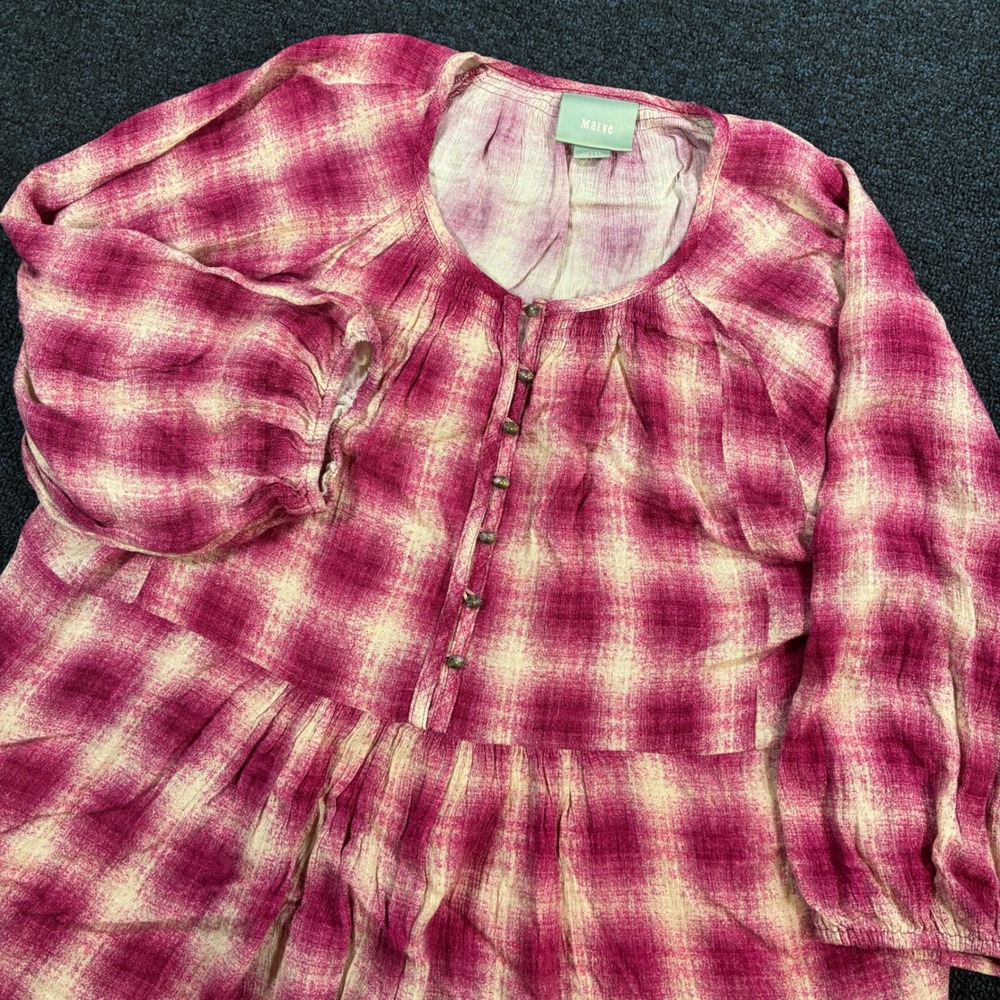 Anthropologie Maeve Plaid Tie Dye Cavalon Check Peplum Button Tunic Blouse Large
